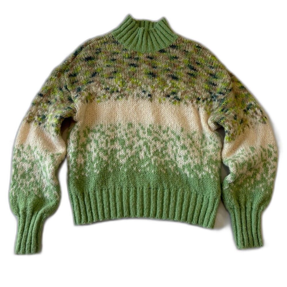 Aerie Fair Isle Mock Neck Sweater Small S Green Cream Spacedye Chunky Knit Cozy